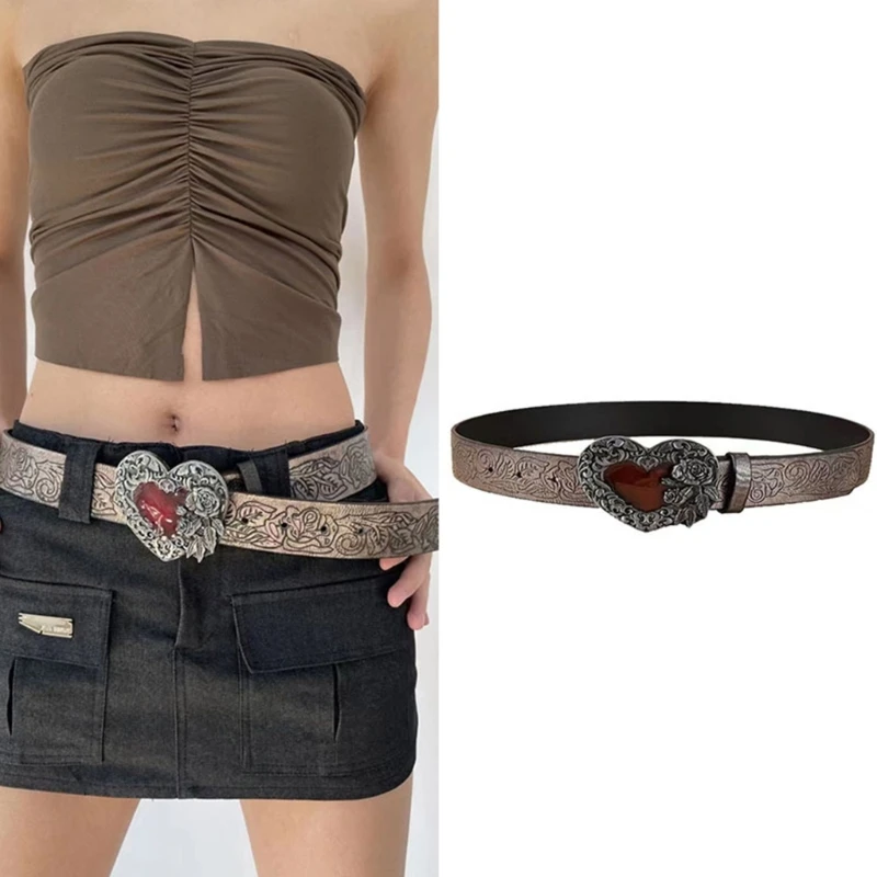 

Vintage Western Belt Cowboy Belt Vintage Heart Buckle Belt Embossed Leather Belt Engraved Flower Buckle Belt Jeans Dropship