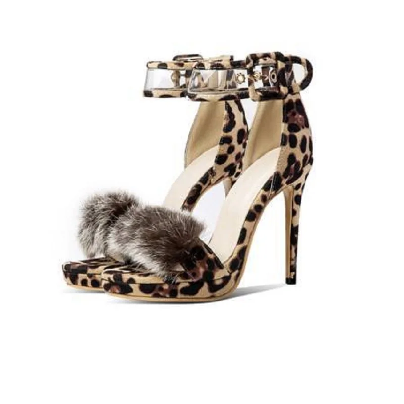 

Summer New Suede Leopard Pattern Waterproof Platform Sandals with Thin High Heels Banquet Dress Versatile Large Women's Shoes