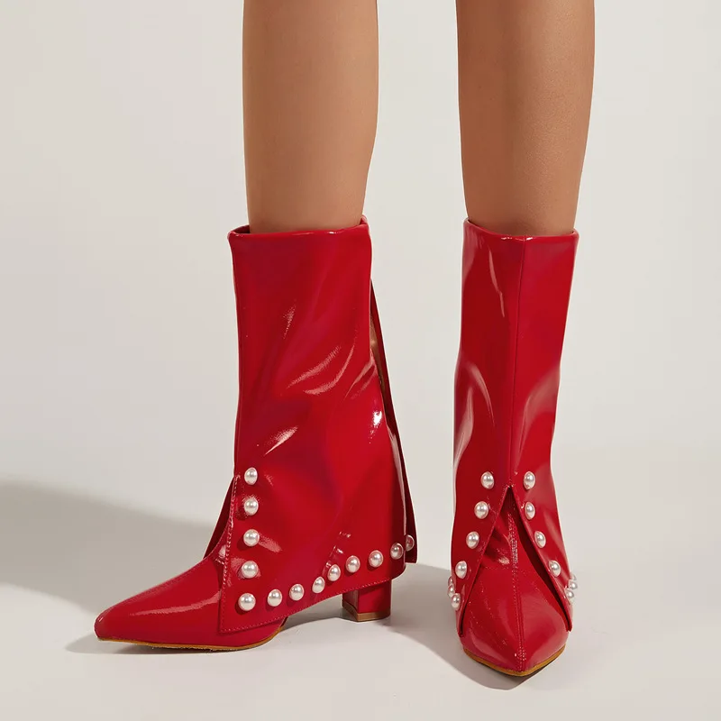 

Pointed Toe Chunky Heel Boots Red Turned Over Edge Booties Patent Leather Botas New Arrival Fashion Women Shoes Sexy