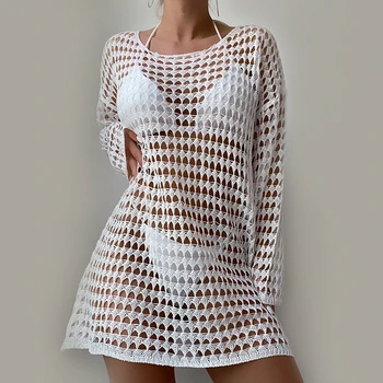 Womens Beach Cover Up Knit Solid Color Long Sleeve Dress Sexy Slim-Fit Beachwear Cover Up Beach Holiday Sun Protection Clothing 1