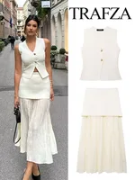 TRAFZA Women 2 Piece Set Chic V-Neck Sleeveless Button Knitted Vest Top+Splicing High Waist Side Zipper Ankle-Length Skirt TRAF 2