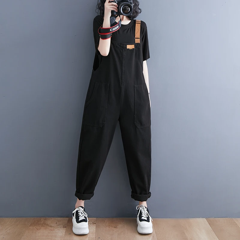 Spring Jean Black Jumpsuit Women Casual Streetwear Oversized Loose Wide Leg Denim Overalls Vintage Straps Slacks Baggy Bib Pants casual loose plus size jeans jumpsuits women spring autumn print floral denim overalls wide leg dungarees straps baggy pants