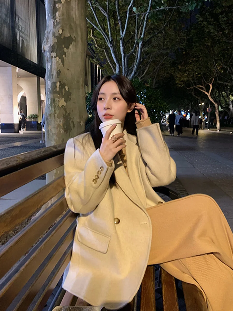 Gray Woolen Blazer Women's Thickened Warm Double-Breasted Lapel Mid-Length Fashion All-Match Autumn  Winter High-Grade Overcoat