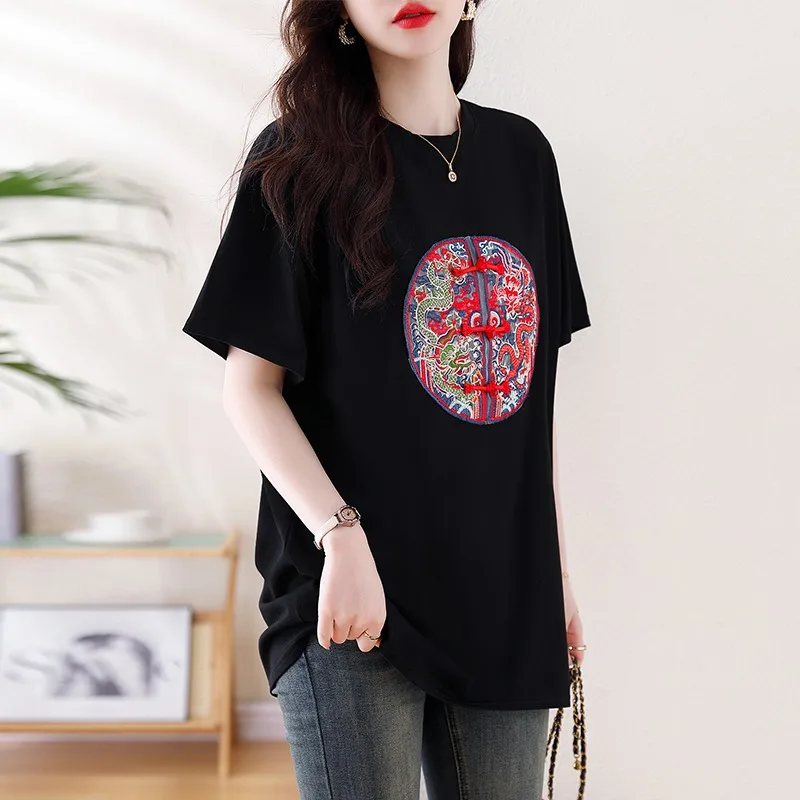 Chinese Style Women's T-shirt Summer New Embroidery Vintage Tees Short Sleeve Loose Women Tops Cotton O-neck Clothing