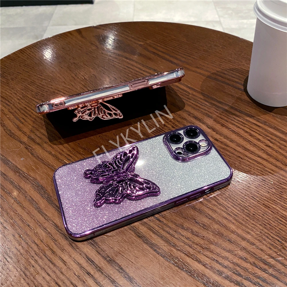 3D Butterfly Stand Holder Glitter Case with Lanyard