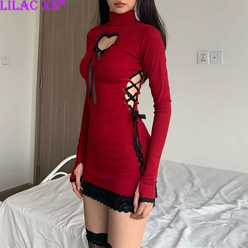 

Сексуальное облегающее мини-платье Y2K с вырезами, обтягивающее красное платье с длинным рукавом и кружевной отделкой, платье с высоким воротником, женское рождественское платье