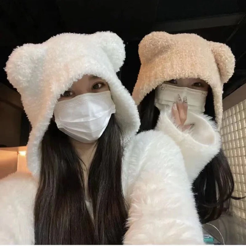 AutumnWinterCuteSafetyBearHatforWomenWarmThickenedLambFleeceTravelHatsPullover