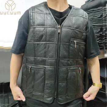 2025 Real Sheepskin Genuine Leather Vest Men Black Waistcoat Male Sleeveless Jacket Thick Motorcycle Vest Multi Pocket Zipper
