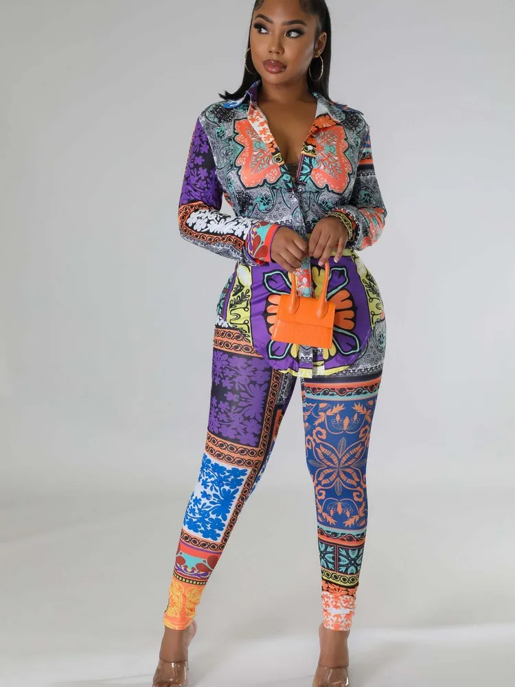

Fashion Printed Casual Lounge 2 Piece Outfits Fall Clothing For Female Button Down Shirt + Empire Waist Long Pants Matching Sets