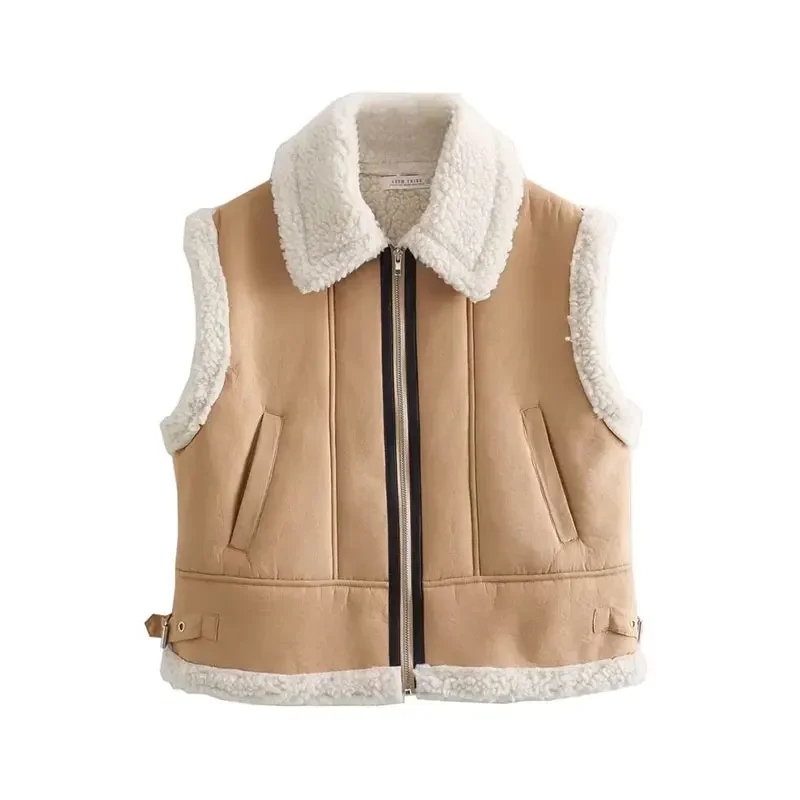 

Women Thicken Plush Cashmere Vest Coat Faux Fur Warm Patchwork Waistcoat Autumn Covered Button Waistcoat Street Jacket