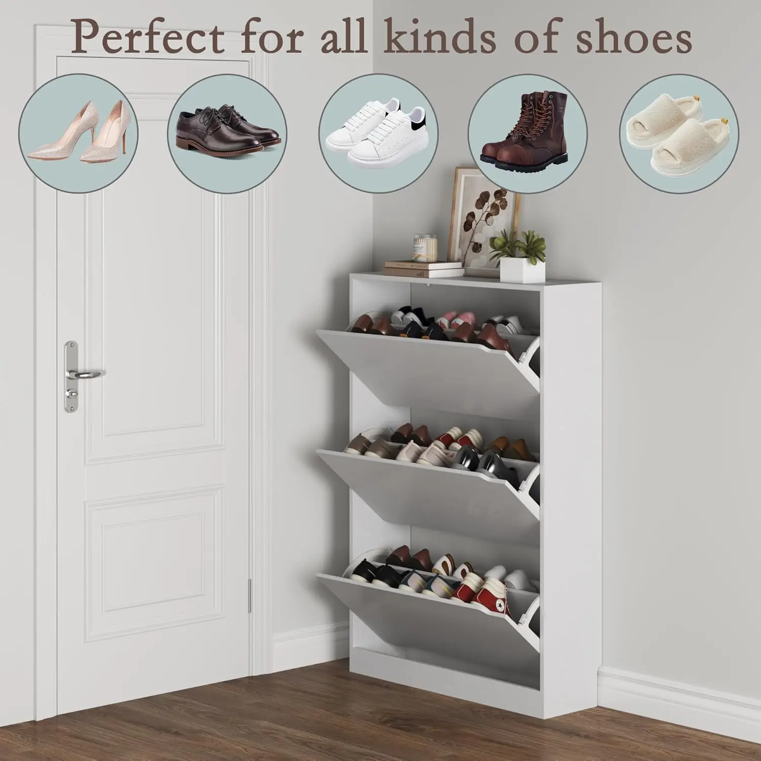 Shoe Cabinet with 3 Flip Drawers, Hidden Wood Shoe Cabinet,Freestanding Shoe Storage Cabinet for Entryway Hallway.White
