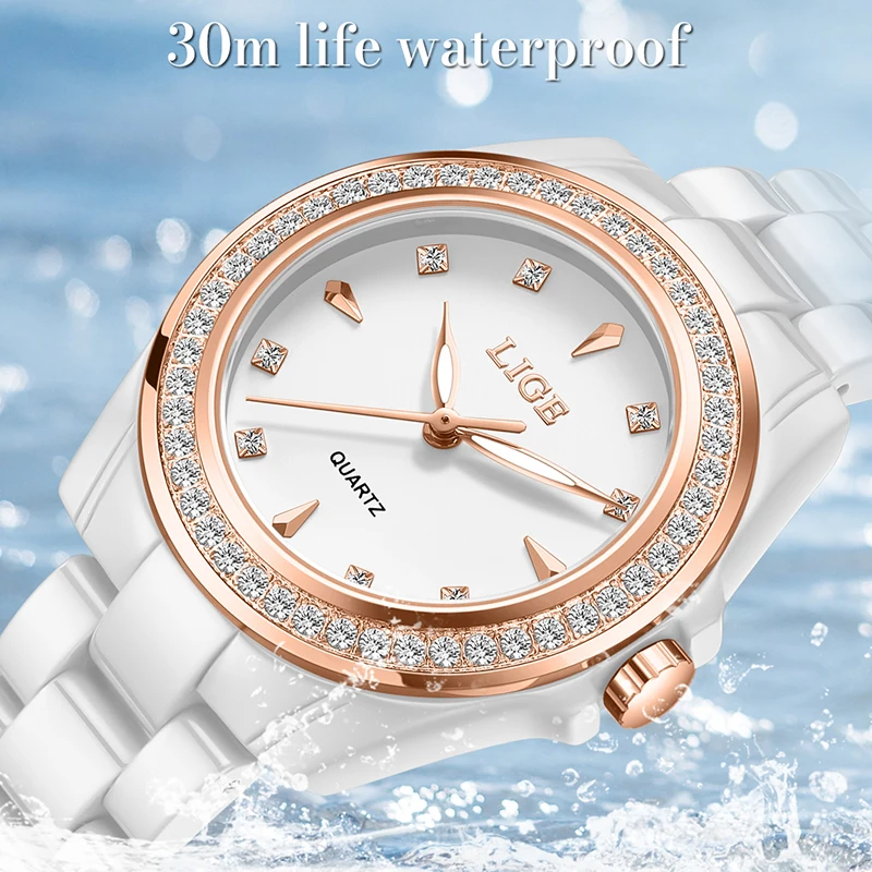 LIGE Watch Women New Fashion Luxury Stainless Steel Wristwatch Bracelet Simple Round Ceramic Waterproof Luminous Ladies Watches