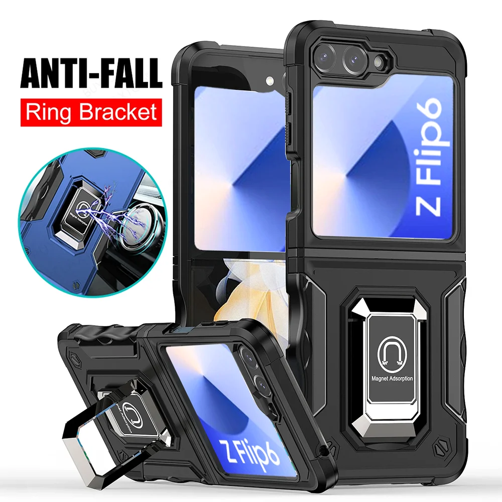 밀리터리 등급 마그네틱 거치대 링 충격 방지 케이스, 삼성 갤럭시 Z 플립 6, 삼성 삼성 삼성 플립 6, Z플립 6, 하드 PC 아머 커버 