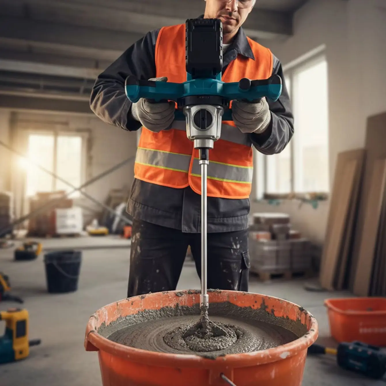 1200 W Farbmörtelrührer, 6 Geschwindigkeiten, verstellbarer Betonmischer, kabelloser Handbetonmischer zum Mischen von Zementbeschichtungen