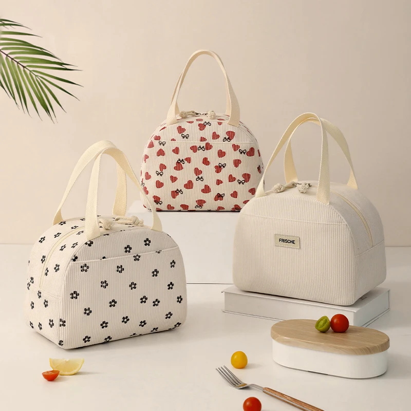 Cute Floral Corduroy Lunch Bag Thermal Insulation Bento Box Large Capacity Lunch Bag Handbag For Work School Picnic