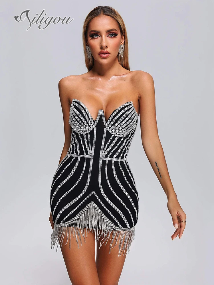 

Ailigou 2023 New Women's Luxury Diamond Tassel Sexy V-neck Fashion Tight Strapless Mini Dress Night Club Celebrity Party Dress