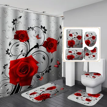 Tenda da doccia romantica rosa poliestere impermeabile moda fiori tappetino wc Set accessori da bagno a prova di muffa 1