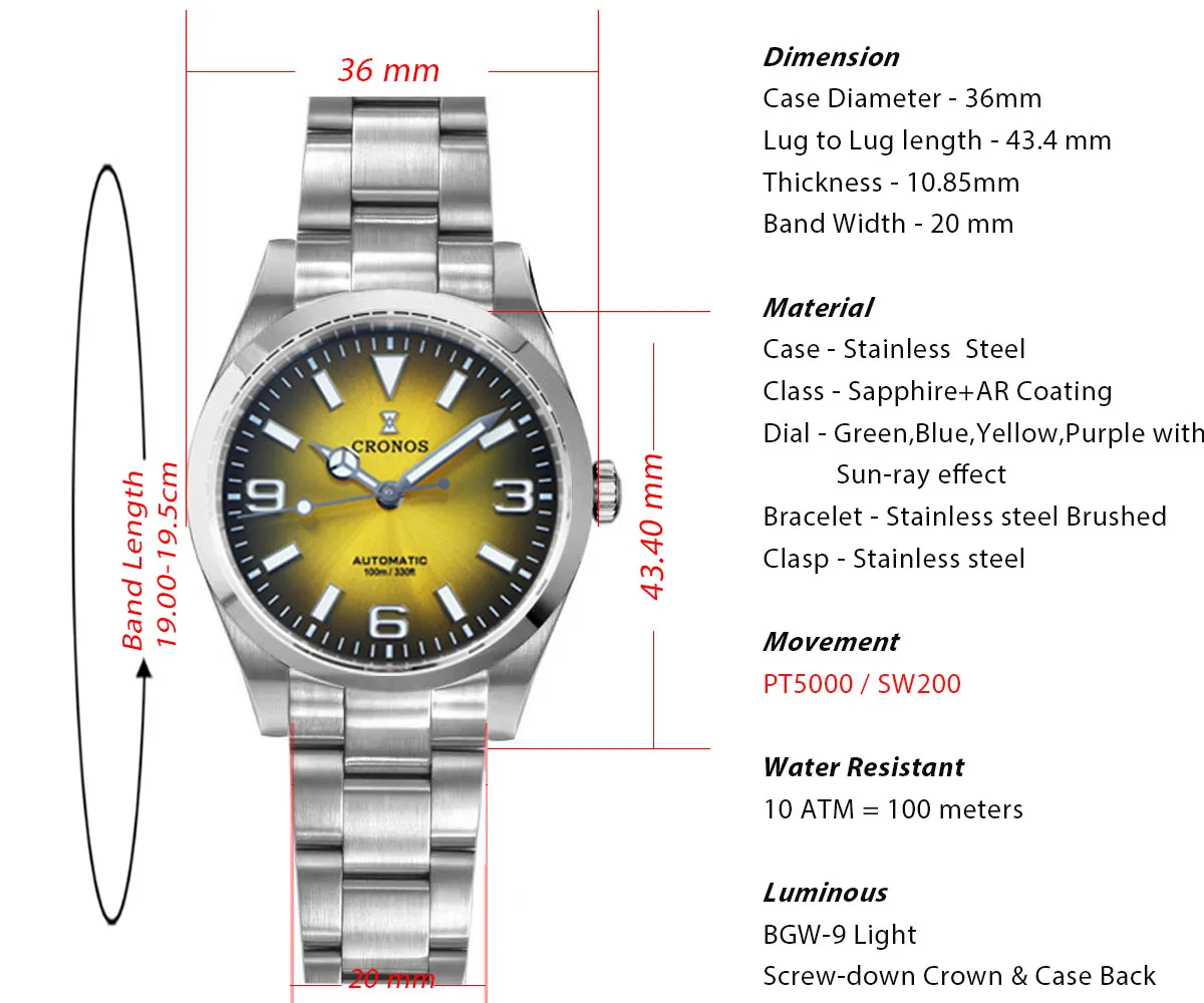 Cronos EX Mechanical Men Watch 36mm PT5000 SW200