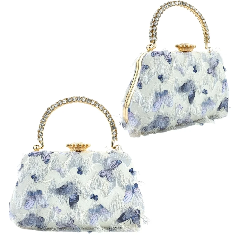 Glittering Rhinestones Evening Handbag Purse Butterfly Tassels Crossbody Bag