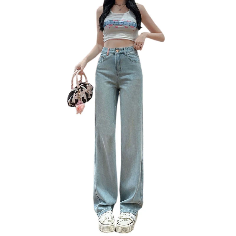 Drag ground color collision jeans women tassel embroidery pockets high waist loose leisure straight wide leg pants children