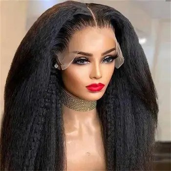 Kinky Straight Human Hair Wig 13X4 Kinky Straight Wig Human Hair  PrePlucked With Baby Hair Yaki Straight Lace Front Wigs