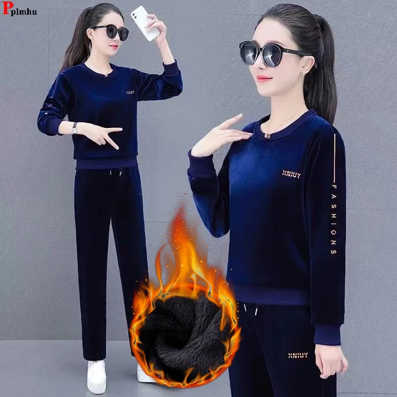 Winter Velvet 2 Pieces Sets O-neck Plush Lined Loose Top Outfit High Waist Straight Baggy Pant Suits Thick Warm Casual Ensemble winter sweater men s fleece lined padded warm keeping chenille solid color antlers embroidered sweater round neck sweater