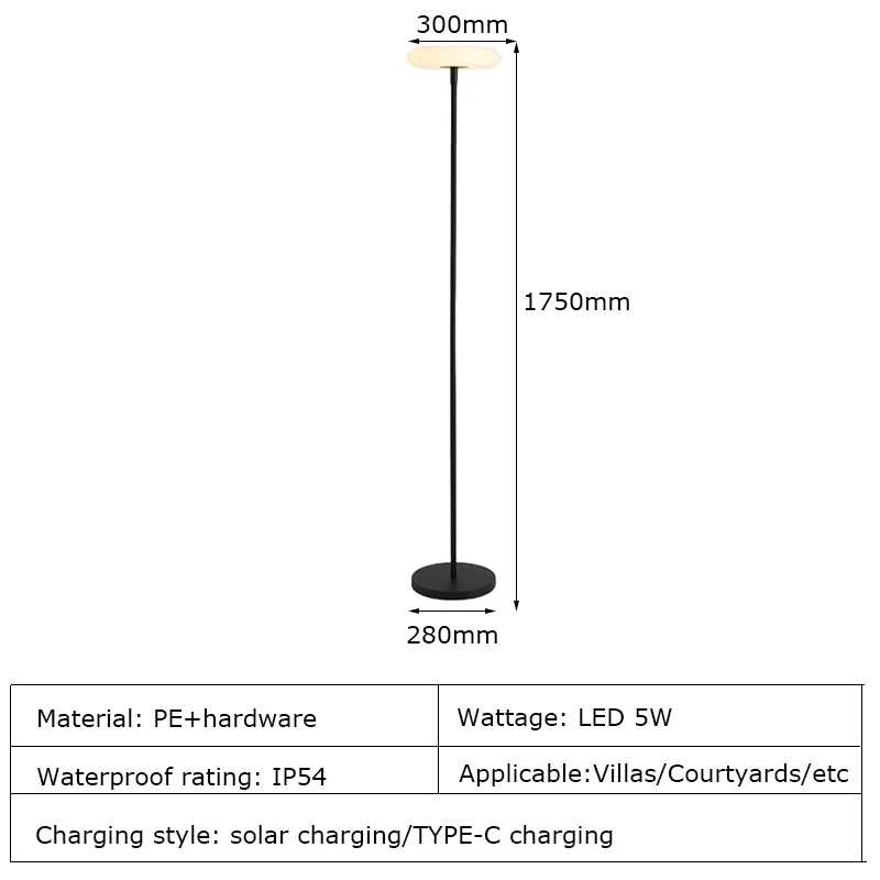 Outdoor Floor Lamp Solar Powered Light 4400 mAh Rechargeable Battery Cordless Light USB-C Charged IP54 Lamp for Lawn Pool Garden 6