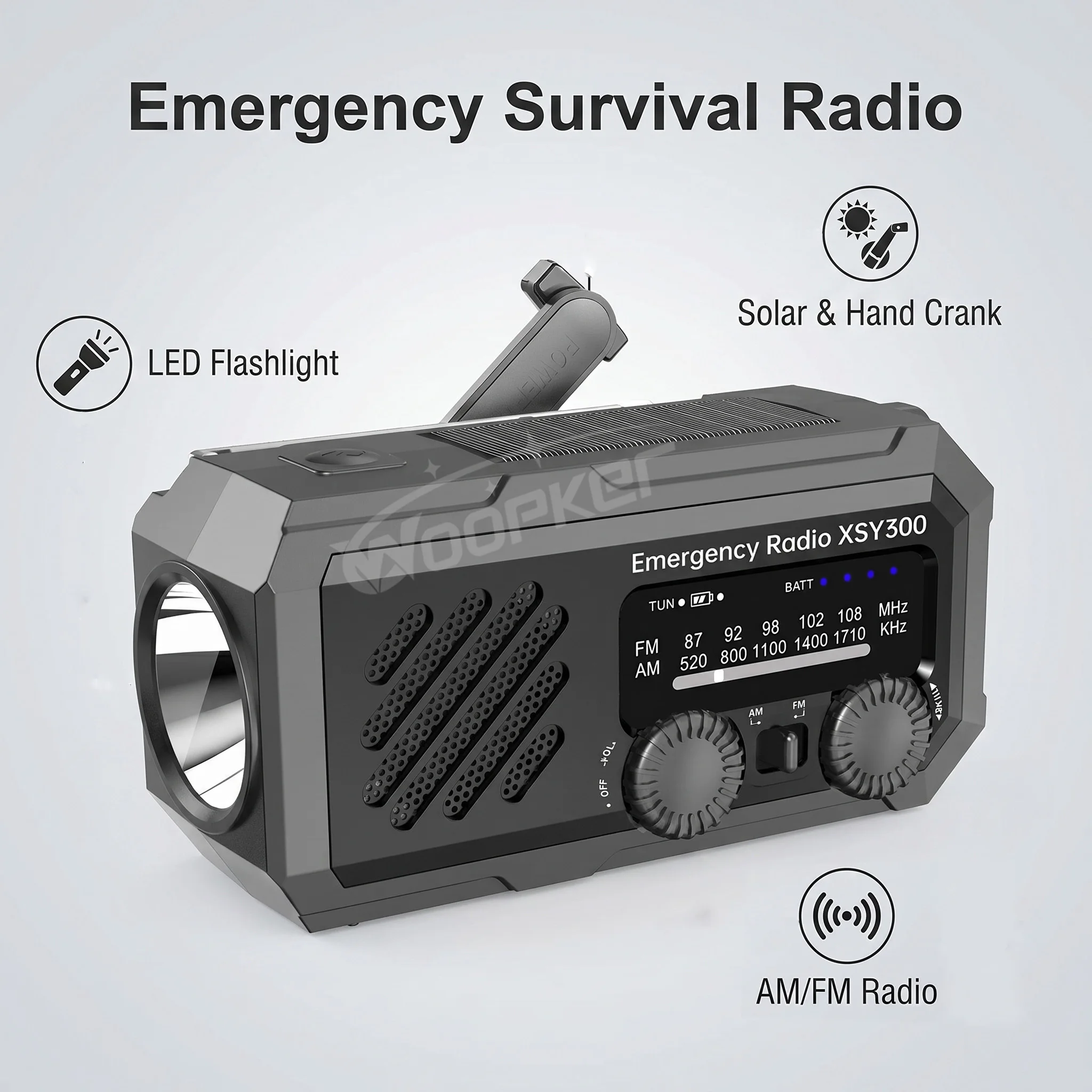 WOOPKER 휴대용 라디오 태양열 핸드 크랭크 비상 라디오 AM/FM/WB 날씨 라디오 LED 손전등 SOS 알람 USB 보조 배터리