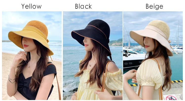 Summer Women Bow Bucket Hat Wide Brim Floppy Sun Hats Foldable Anti-UV Beach Solid Color Net Mesh Top Sun Sunscreen Cap Bonnet ladies bucket hat