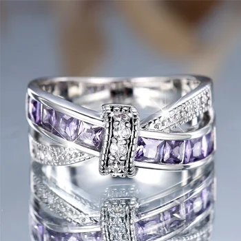 Cute Female Purple Crystal Zircon Square Stone Crossed Ring Silver Color Engagement Charm Wedding Jewelry For Women