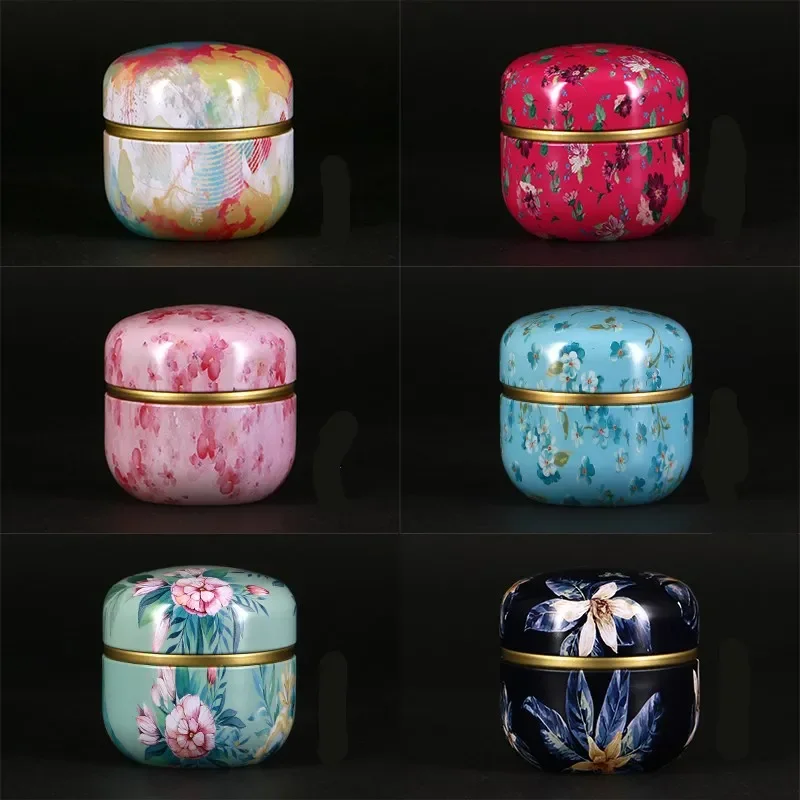 Tea Tin Box Tea Canister Tea Caddy Tinplate Household Sealed Packaging Box Portable Japanese Style Flower Round Small Tin Containers