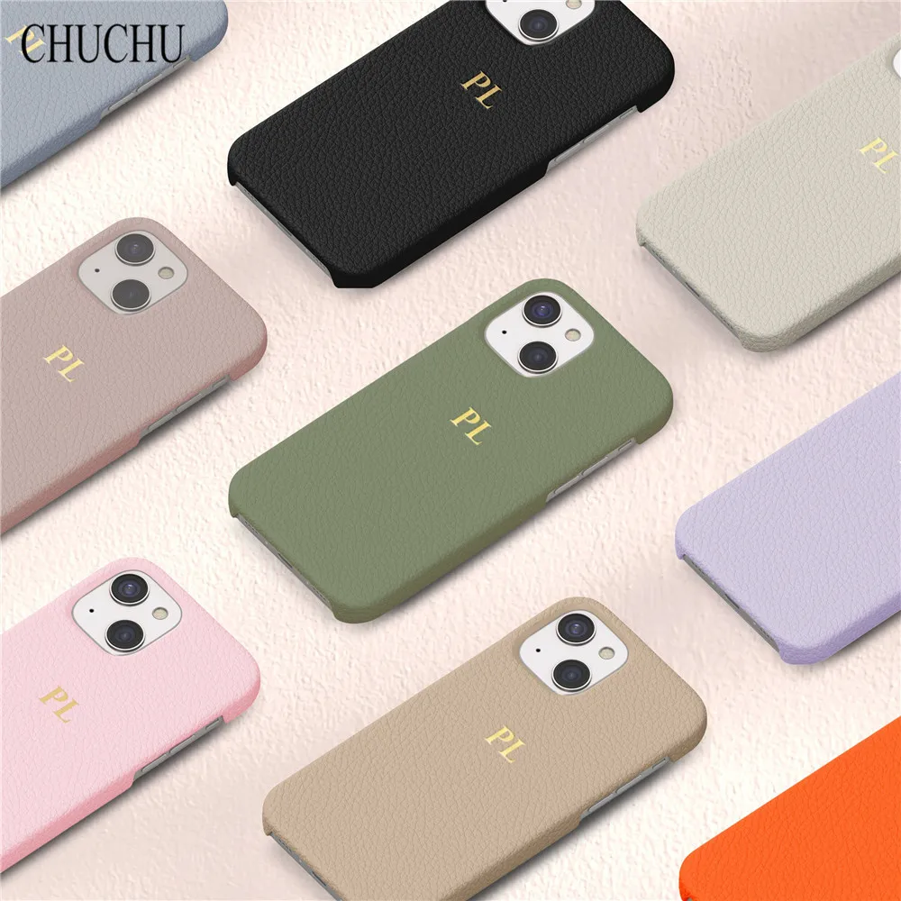 Custom Initials Personalised Gold Letter Litchi Leather Phone Case For