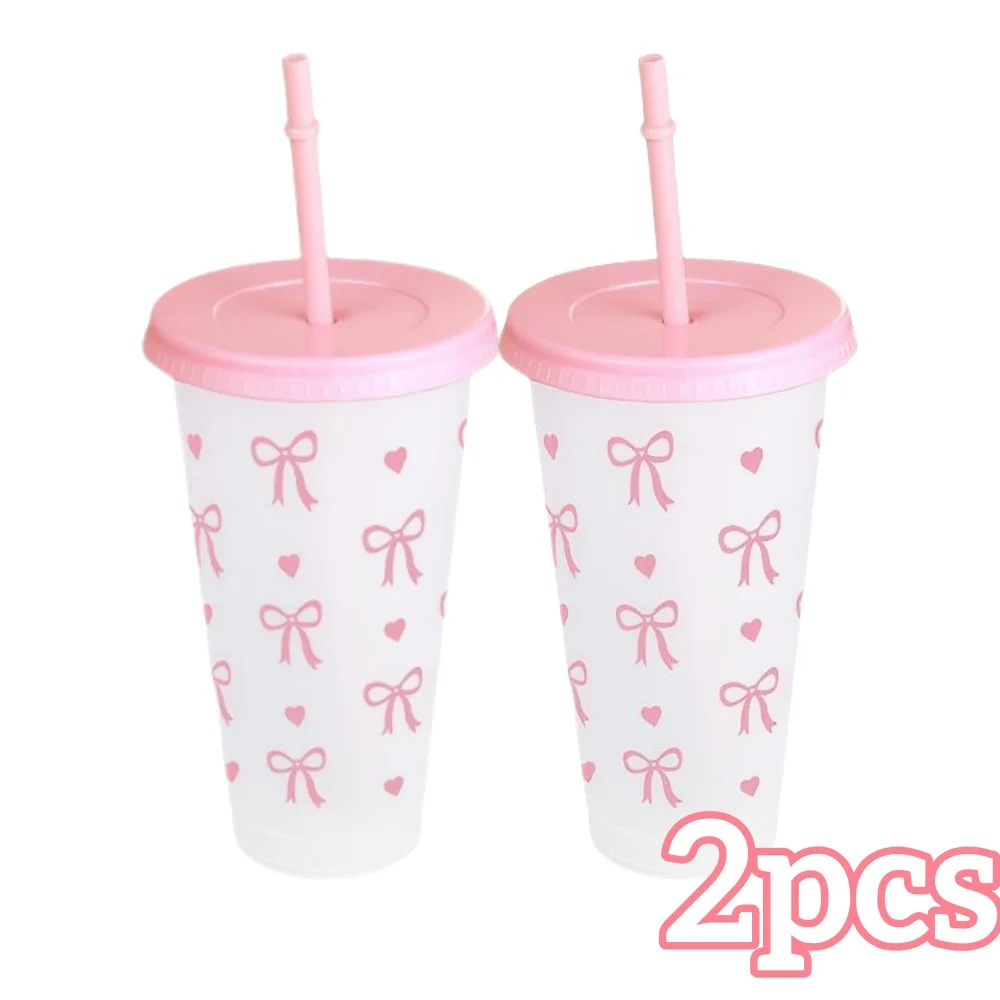 2/20pcs 24oz Tazze riutilizzabili per feste con cannuccia e coperchio Bicchieri di plastica con fiocco carino per bevande fredde Home Office Uso esterno Regalo estivo