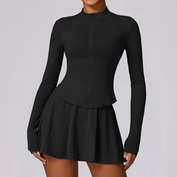 Women's 2-Piece Athletic Yoga Set - Zipper Long Sleeve Top & Sporty Short Skirt - M (Advanced Black)