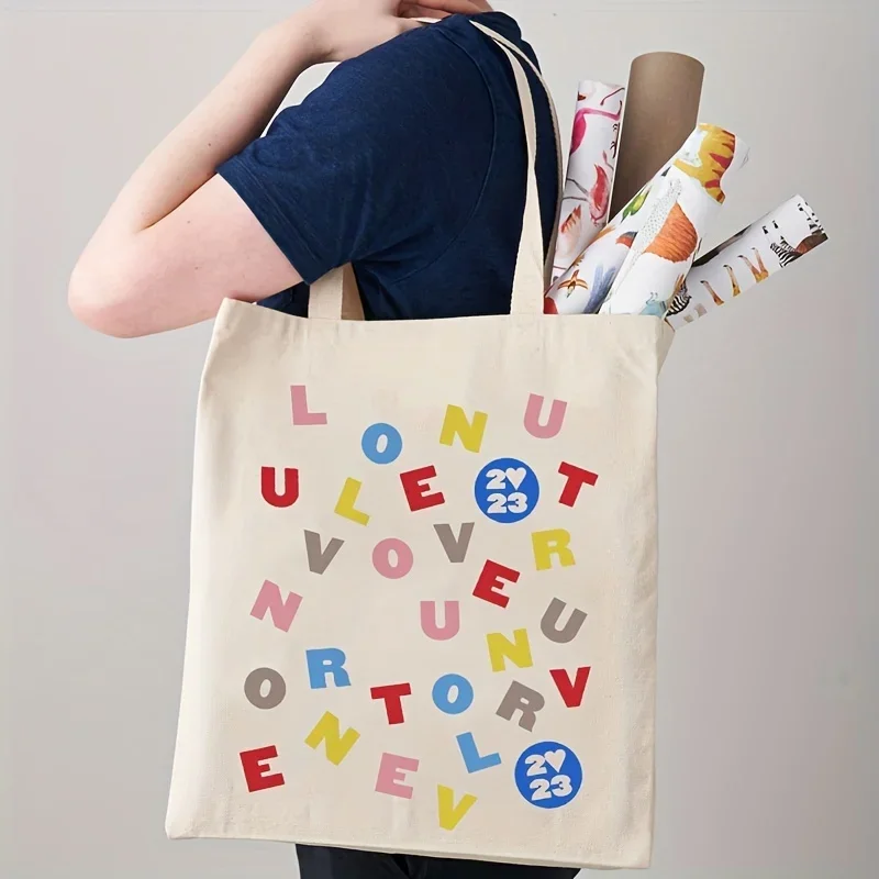 

Сумка-тоут Love on tour 2023 с принтом, Повседневная Холщовая Сумка для покупок, сумка-шоппер через плечо с художественным рисунком, эко-сумка, сумка-шоппер