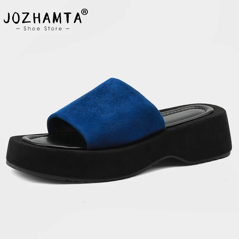 

JOZHAMTA Size 34-39 Women Sandals Real Leather Wedge Heel Mules Shoes Women Open Toe Low Heels Slippers Casual Platform Slides