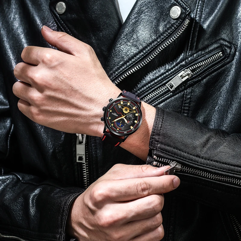NIBOSI Sport Chronograph Quartz Watch for Men Silicone Strap Waterproof Luminous Moon Phase Mens Watches Top Brand Luxury Clock
