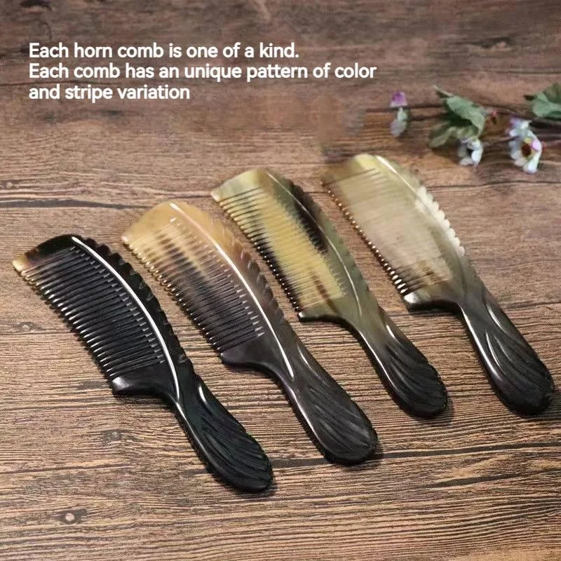Natural Yak Horn Comb Handmade Carving Handle Smooth Anti-Static Scalp Health Care Massage Comb Wide & Fine Tooth for All Hair 5