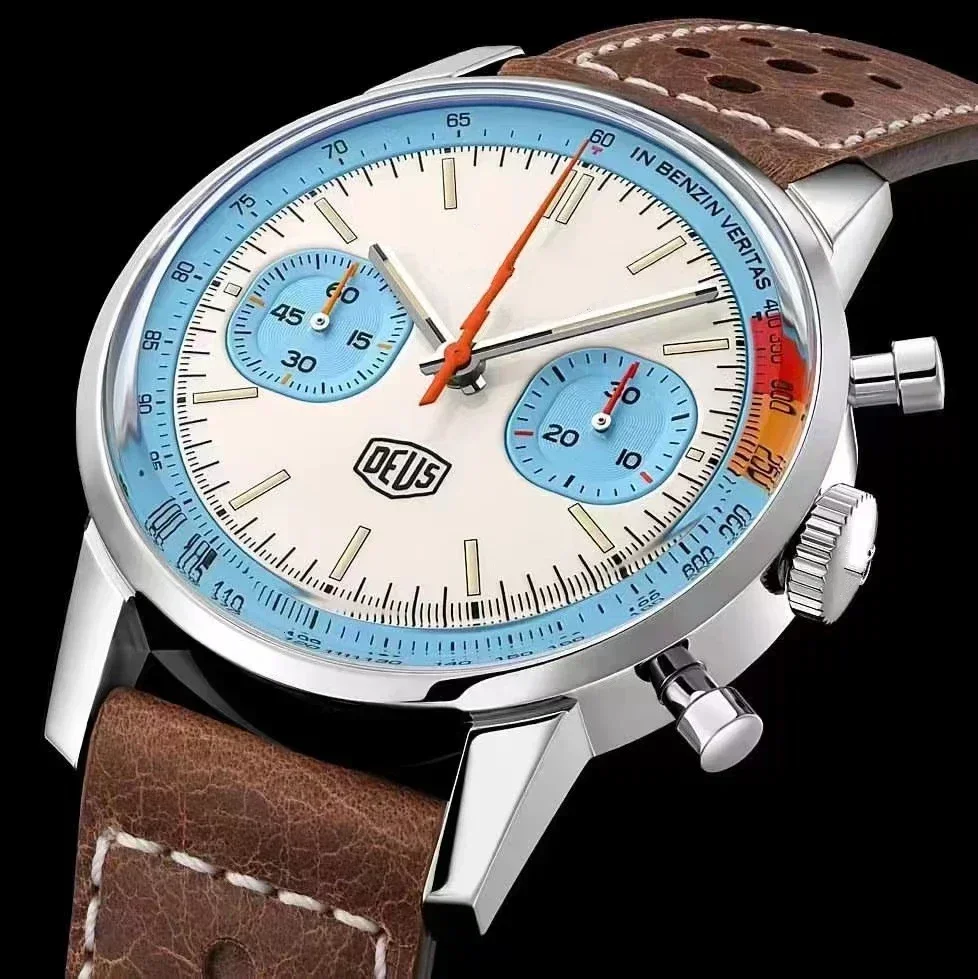 

Мужские кварцевые часы с хронографом, коричневые, кожаные, сапфировые, синие, белые часы из нержавеющей стали, новинка 2023