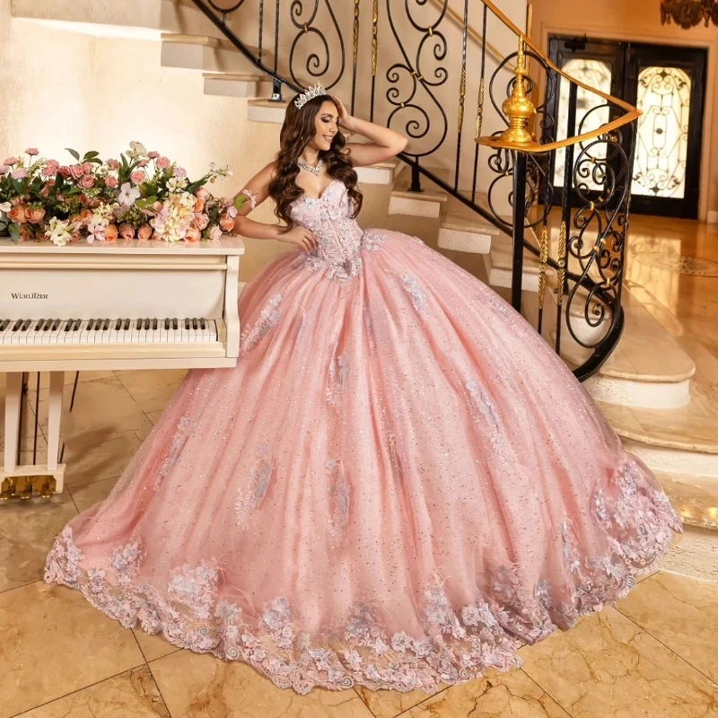 

Pink Sweetheart Sleeveless Ball Gown Quinceanera Dresses Glitter Sequined Appliques Lace Beads Tull Sweet 15 Vestidos De XV Años