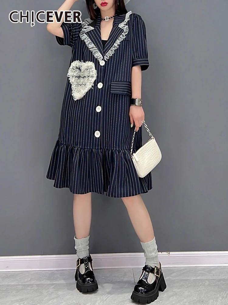 

CHICEVER Лоскутные кружевные полосатые платья для женщин с зубчатым воротником и коротким рукавом, со сращенными оборками, элегантное свободное платье для женщин, новинка