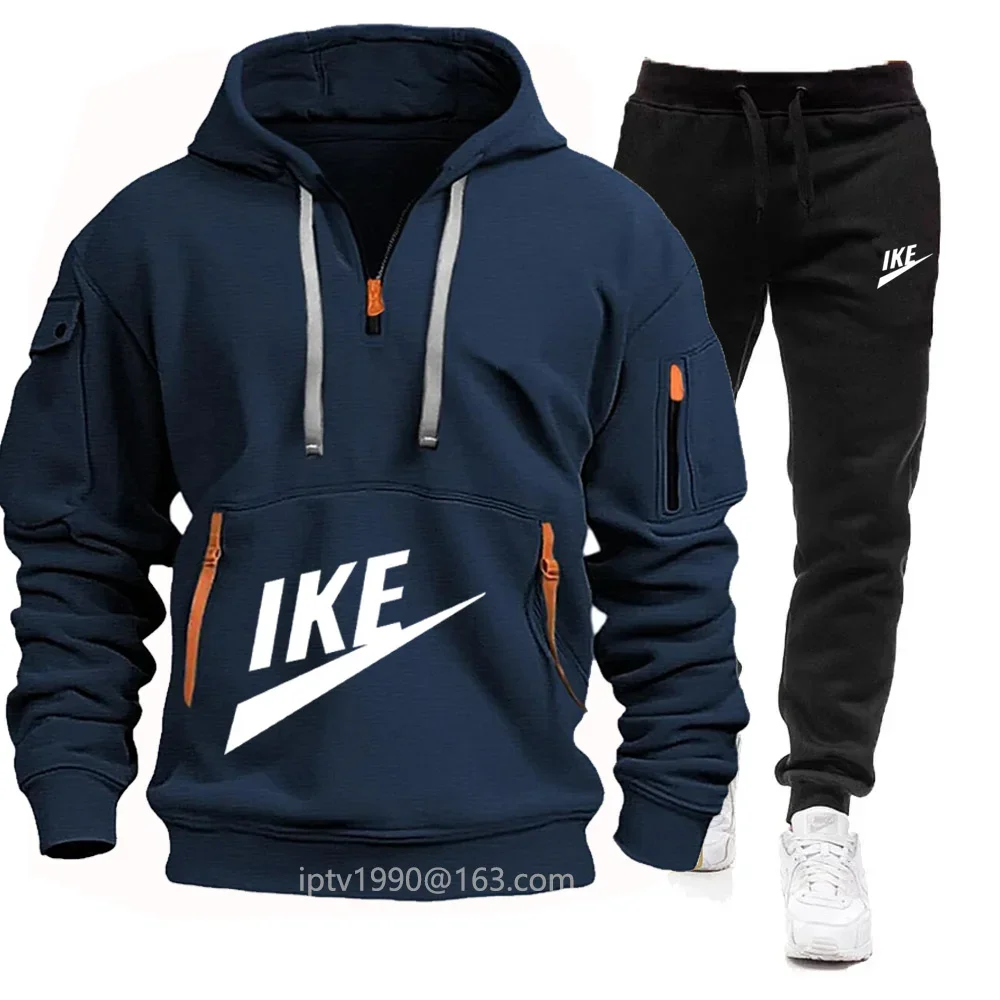 Buy spring and autumn men's new multi-pocket zipper hoodie + casual sweatpants two-piece jogging tracksuit