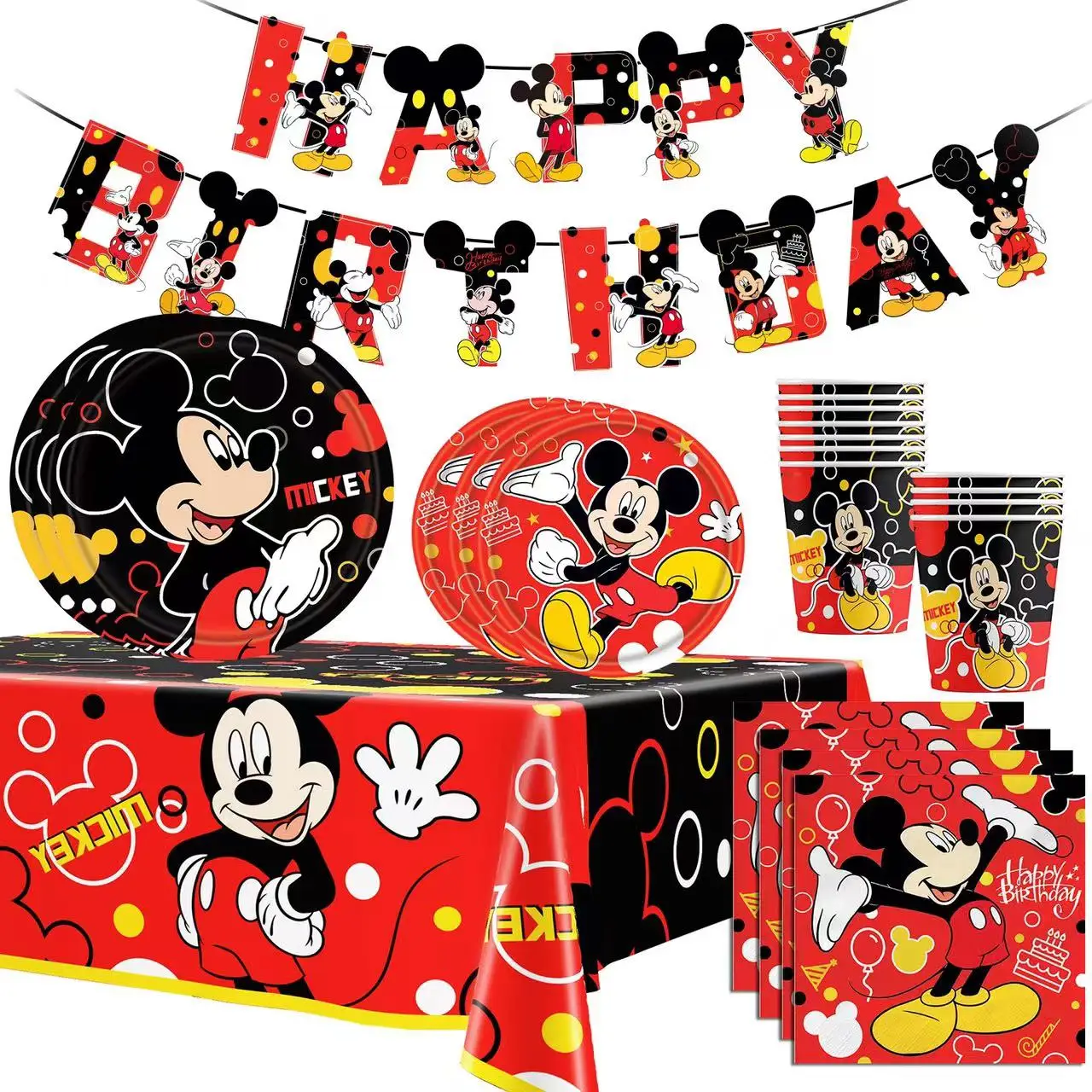 Mickey Mouse Enfants Thème Fête d'anniversaire Décoratif Tasses en papier  Drapeaux Nappe Vaisselle jetable Fournitures Baptême Garçon