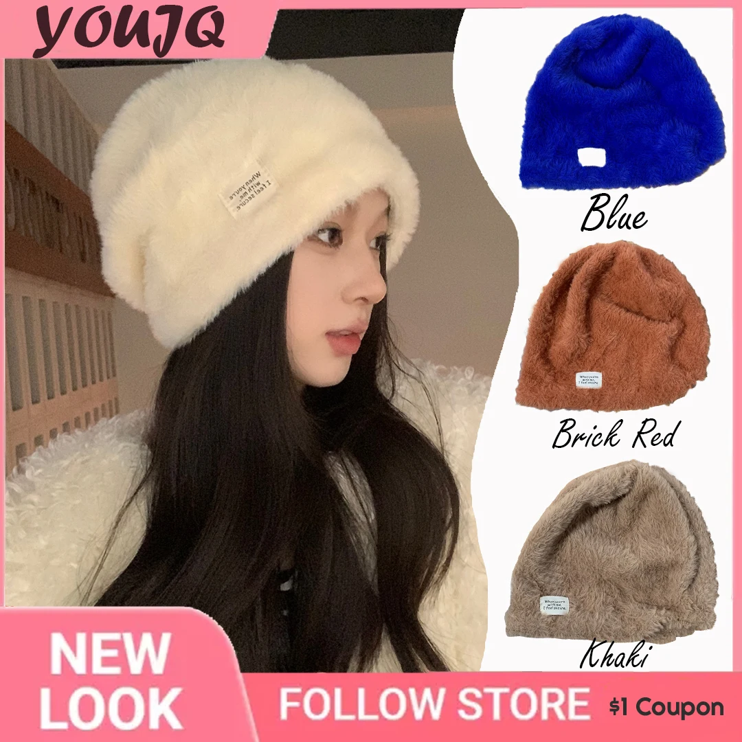 

Корейские женские шапки Y2K, зимние теплые плотные плюшевые мягкие шапки в японском стиле ретро со складками, пуловер INS, облегающие шапки, шапки