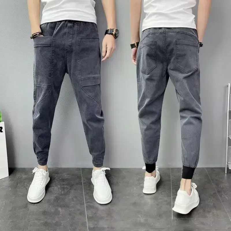 thumbnail image 1 of Pantalones vaqueros elásticos para hombre, pantalones vaqueros elásticos con empalmes, ajustados, abotonados, ajustados, estilo coreano, Harajuku, 1 of 5