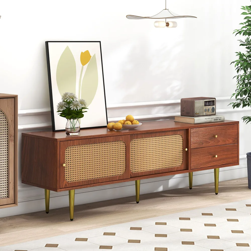 Stilvoller TV-Ständer mit Rattan-Schiebetüren und praktischen Schubladen, Walnussbaum mit dunklem Kunststoffrattan, 2 Rattan-Schiebetüren – Detail 25