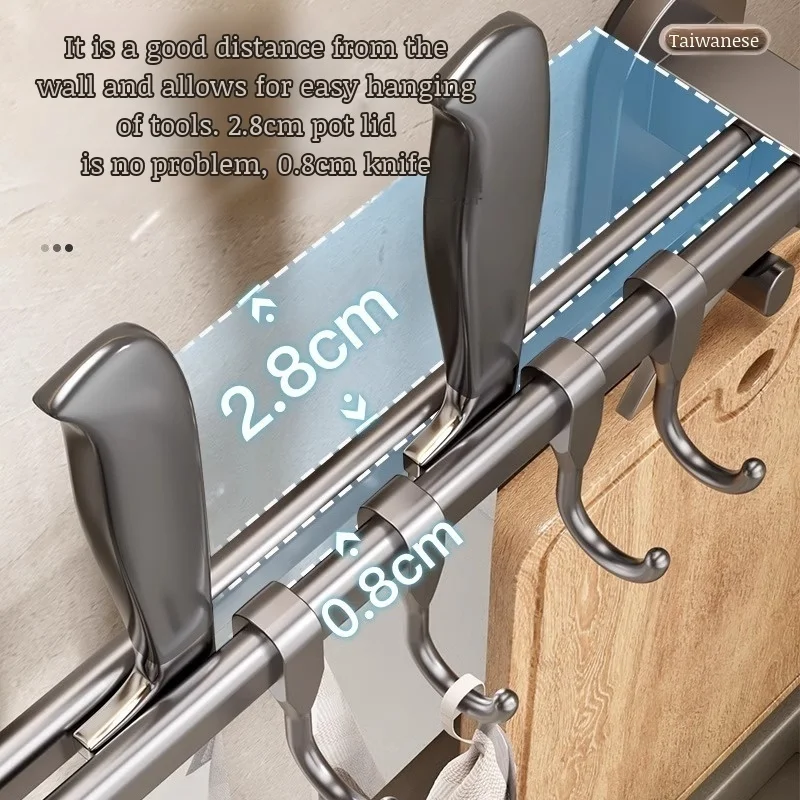 Kitchen Hook Rack No Hole Hanging Rod Wall Mounted Shelf Multifunctional Spatula Spoon Storage Hanging Shelf