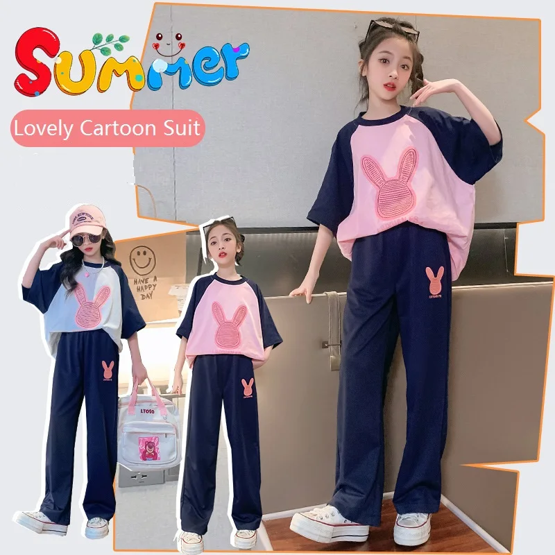 

Summer Casual Girls Loose Contrast Cartoon T-shirt Tops+Pants Set School Kids Tracksuit Child 2PCS Outfit Jogging Suit 5-16Yrs