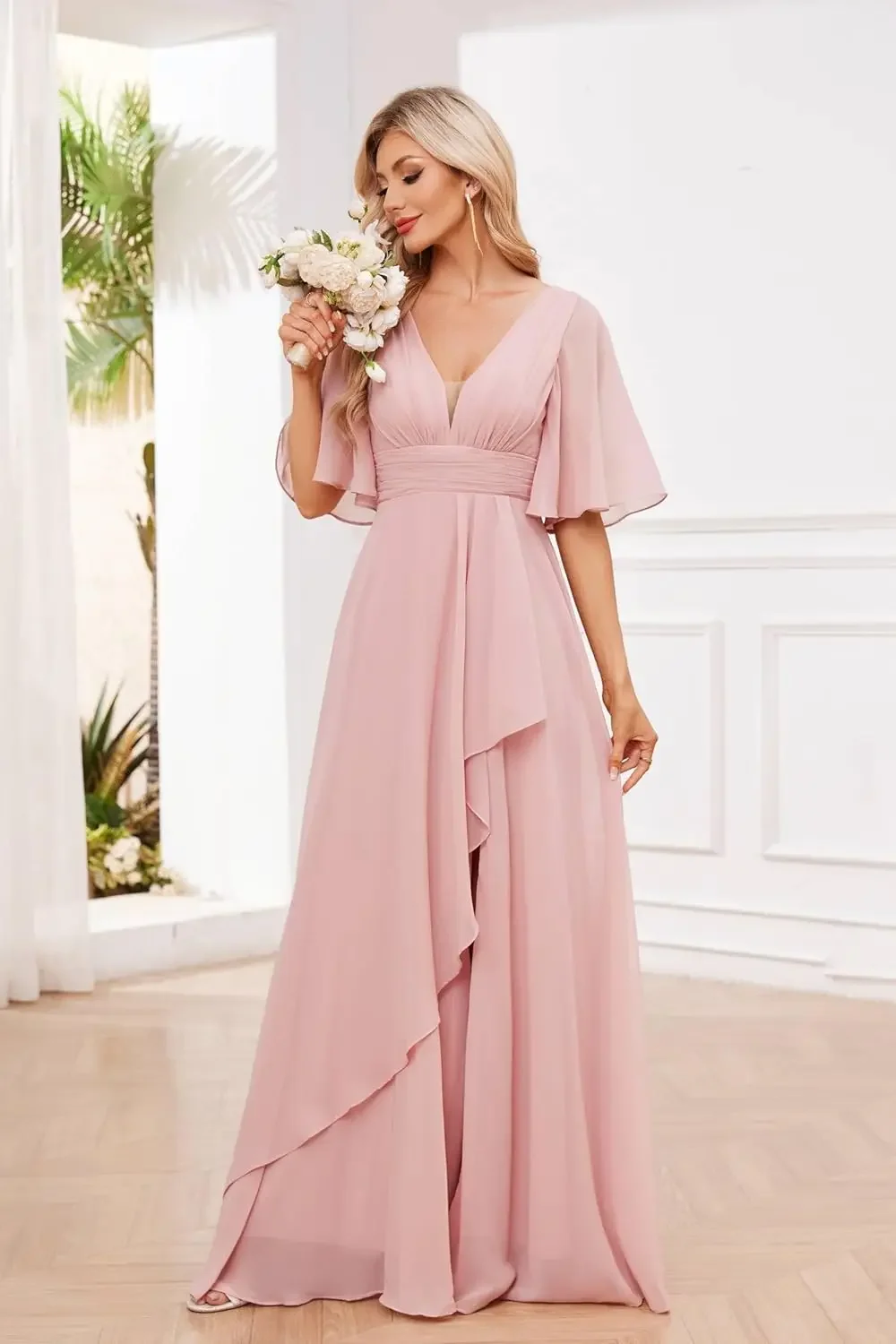 Evening Gown with Slit Wedding Party Gowns Deep V Neck Gown Women's Short  Sleeve | eBay