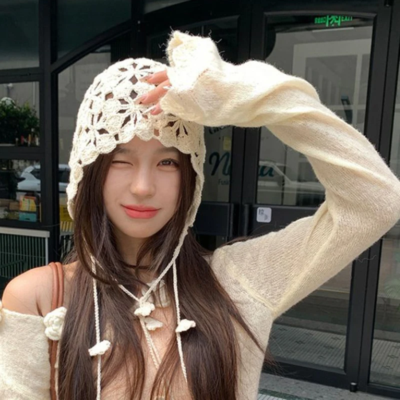 Handmade Hollowed Knit Cap Literary Fisherman's Hat Crocheted Hat Ethnic Baotou Cap Cotton Pullover Hollow Out Hat Breathable 5